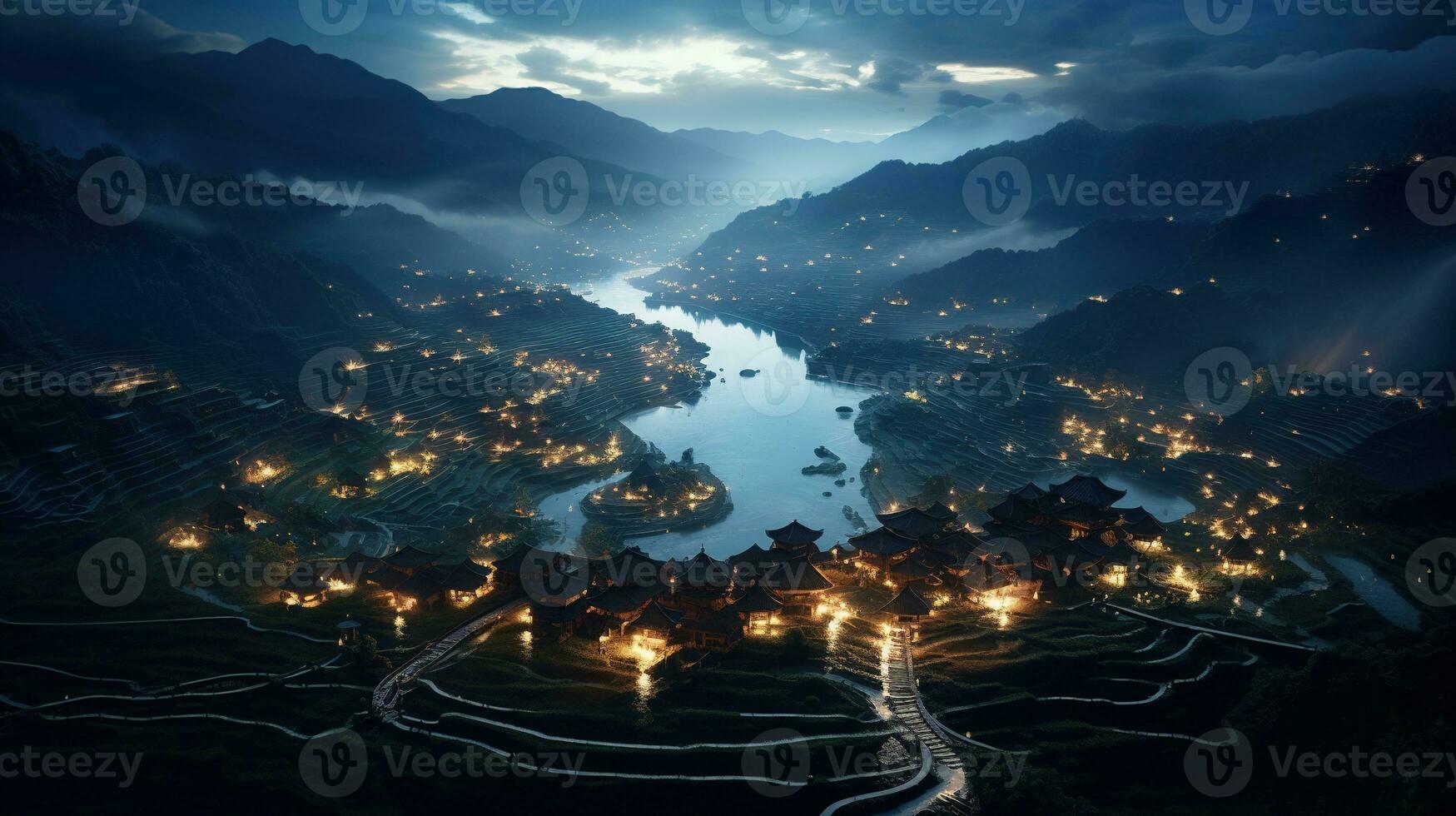 AI generated lunar glow over rice terraces, digital art illustration, Generative AI photo