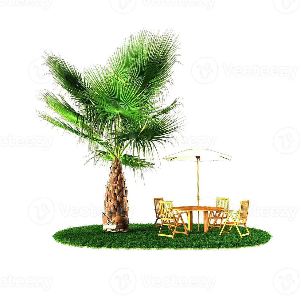Tropical panorama with palm trees and dining table set. photo