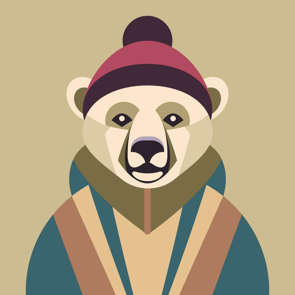 A white polar bear is wearing a jacket and a hat. Vector illustration in geometric style. Design element for posters, prints for clothing, banners, covers, websites, social networks, logo