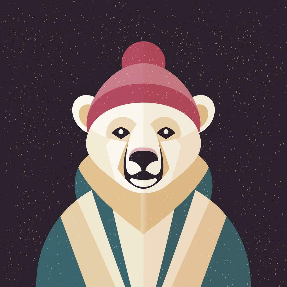 A white polar bear is wearing a jacket and a hat. Vector illustration in geometric style. Design element for posters, prints for clothing, banners, covers, websites, social networks, logo