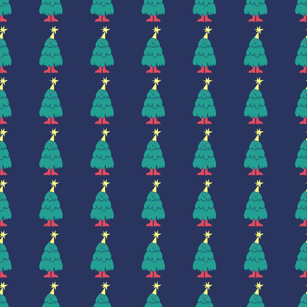 New Year, Christmas pattern with funny Christmas trees in flat retro style with yellow star.  Congratulations on the holidays, postcard, pattern for fabric, wrapping paper, background. vector