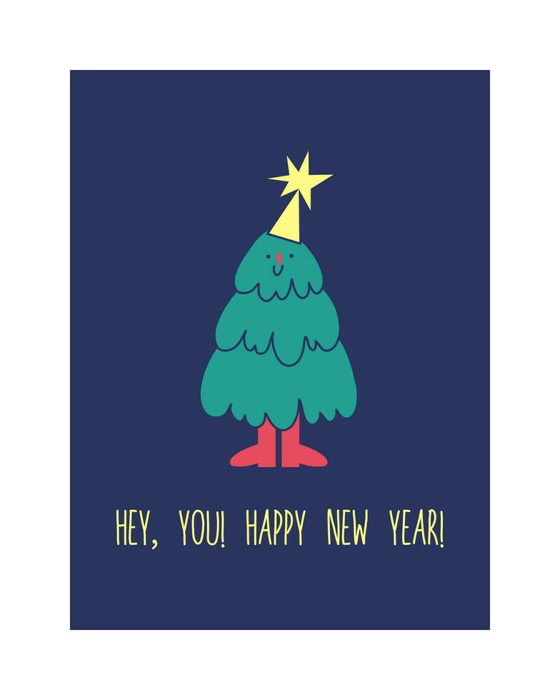 Happy New Year greeting card, poster or print.  Funny Christmas tree in flat retro style with yellow star.  Congratulations on the holidays. vector