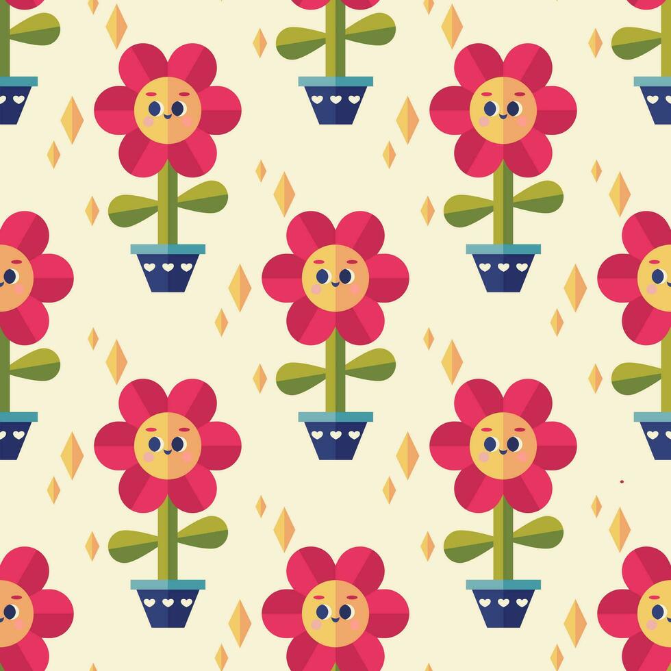 Baby seamless vector pattern. Cute, colored cartoon flowers on beige background. Kids texture for fabric, textile, clothing, wrapping paper, wallpaper. Vector illustration in pastel, retro colors.