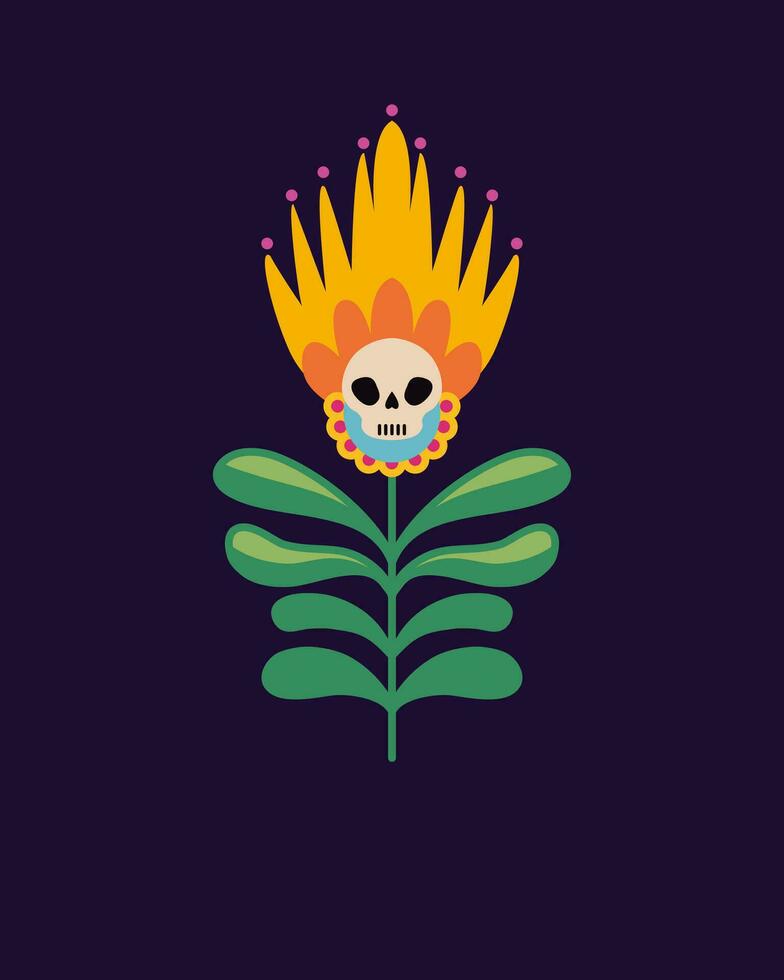 decorativo flor con un cráneo. vector dibujado a mano dibujo. flor para Víspera de Todos los Santos, día de el muerto. tradicional mexicano modelo. diseño para camisetas, carteles plano vector ilustración.