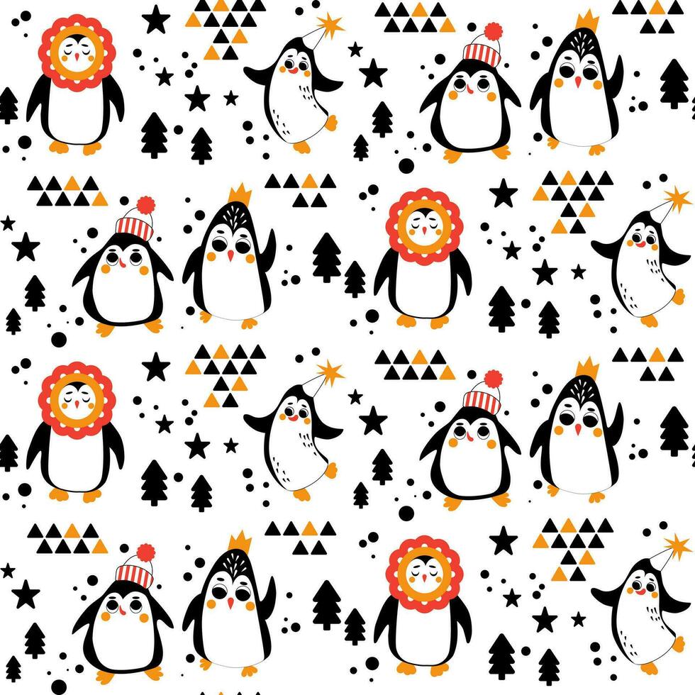 Baby seamless vector pattern. Cute, cartoon penguins. Kids texture for fabric, textile, clothing, wrapping paper, wallpaper. Vector illustration in pastel, retro colors
