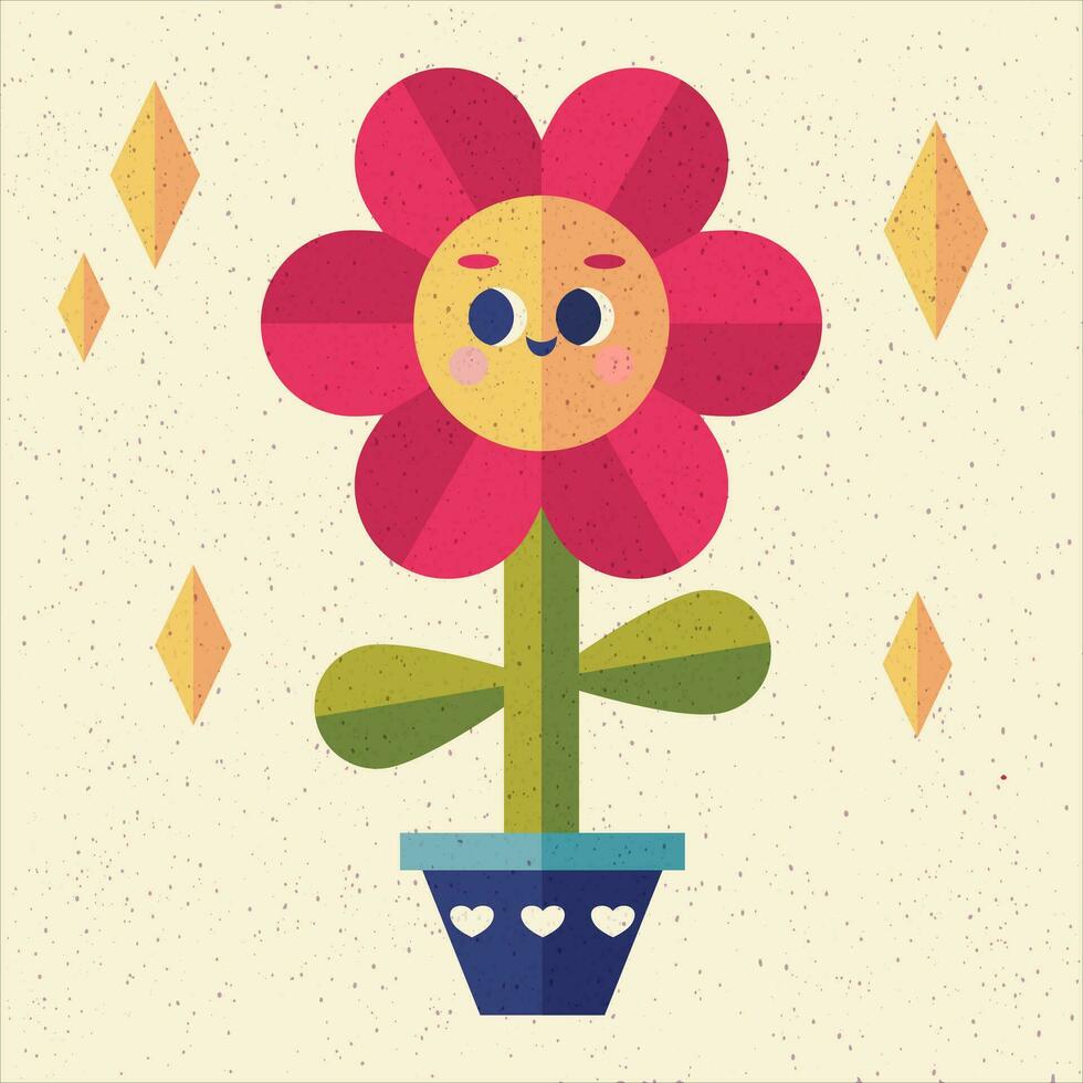 Vector illustration with Cute cartoon smiling flower in geometric flat style with noise texture. For poster, wallpaper, postcard, print or sticker design.
