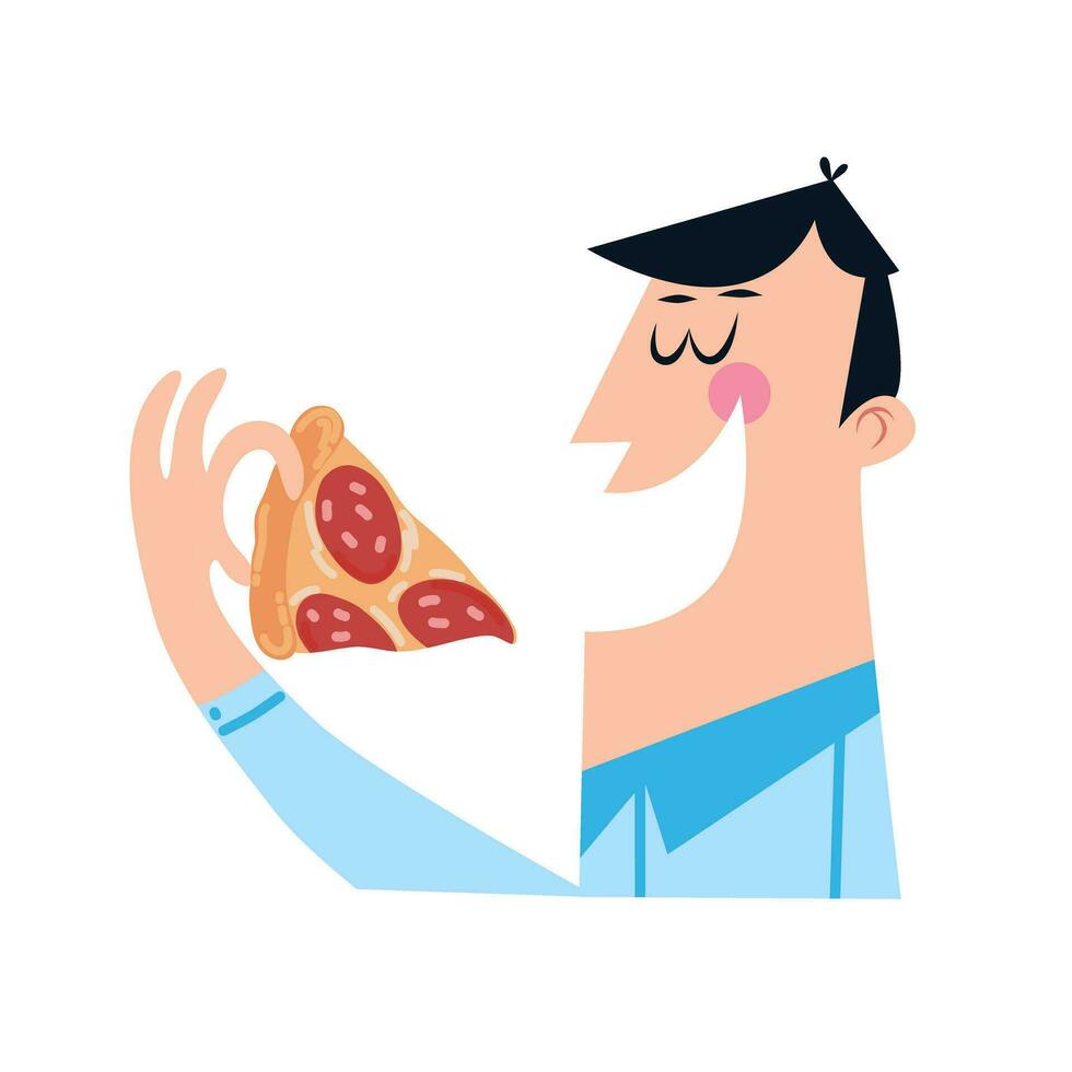 Cartoon character eating pizza. Vector illustration in retro style. Pizza lover