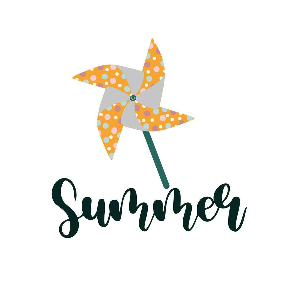 Paper windmill. Trendy Summer Typographic Lettering. Smile. Outdoor leisure activity quotes. A poster with a cute paper windmill. Perfect for t shirt design, posters, stickers vector