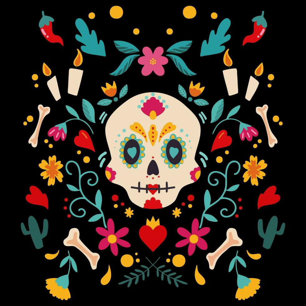 Day of the dead traditional Mexican Halloween dia de los muertos holiday decoration banner invitation flat vector illustration poster t shirt design