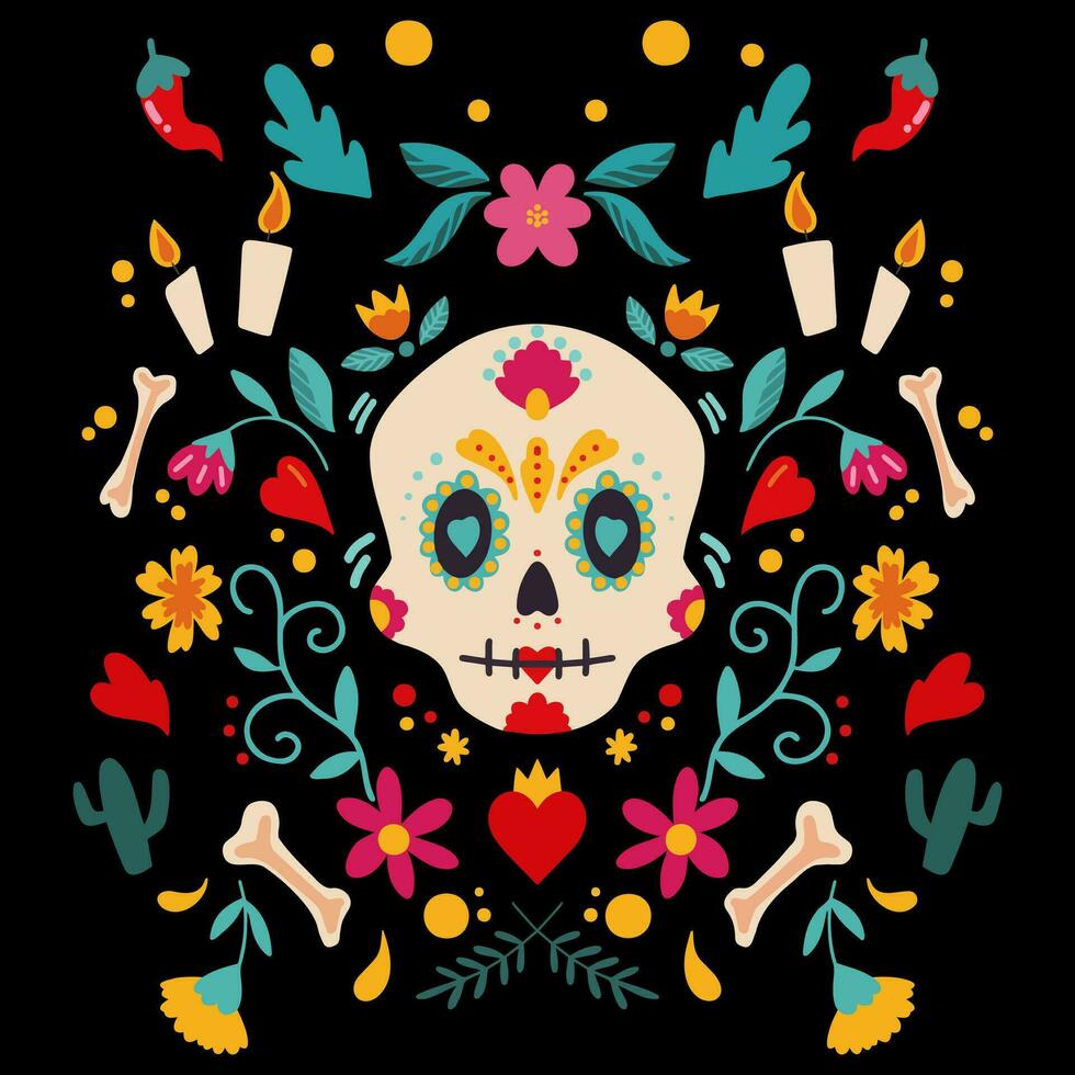 Day of the dead traditional Mexican Halloween dia de los muertos holiday decoration banner invitation flat vector illustration poster t shirt design