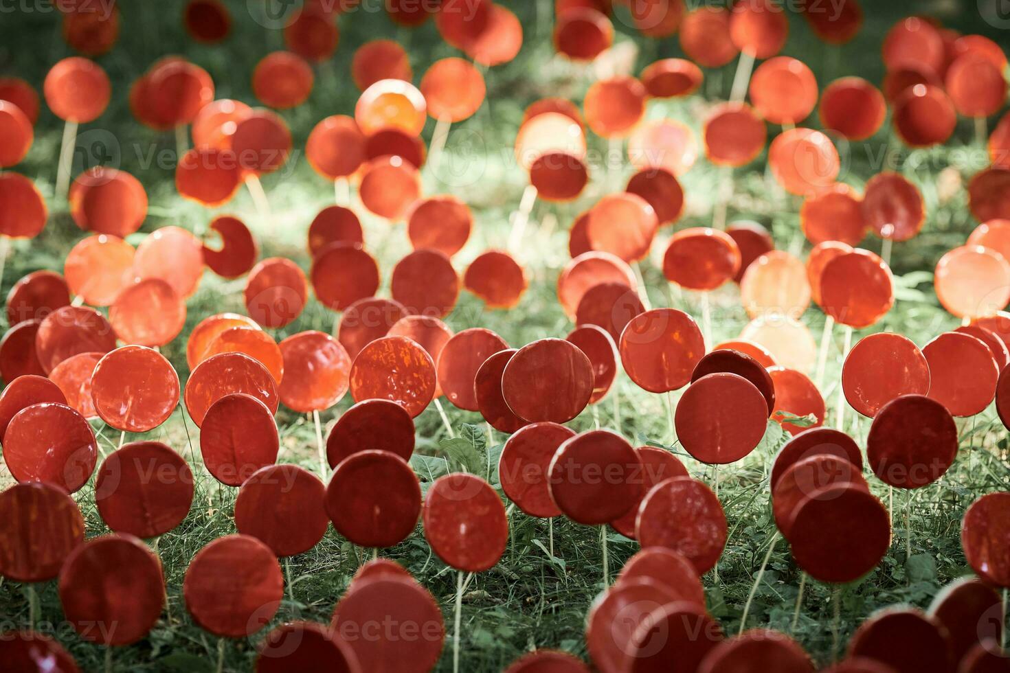 Red lollipops on stick against green grass, outdoor land art objects for environmental concept photo