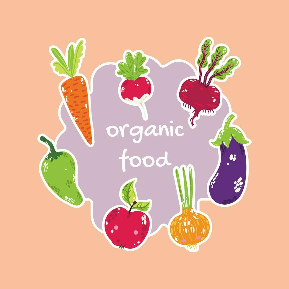 un póster con frutas en un circulo y un inscripción en el medio. orgánico frutas y vegetales. vector ilustración dibujado a mano