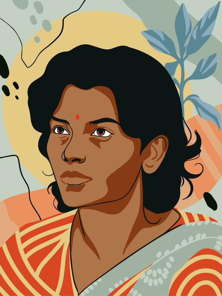 Vector portrait of an Indian woman in a national costume on a background of flowers and ornaments