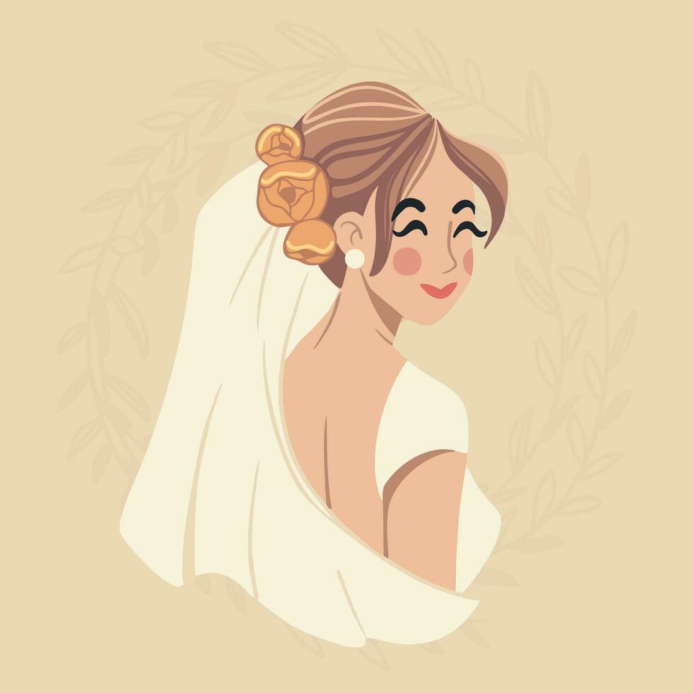 dibujos animados personaje contento novia con flores en su pelo y velo. Boda concepto - vector ilustración