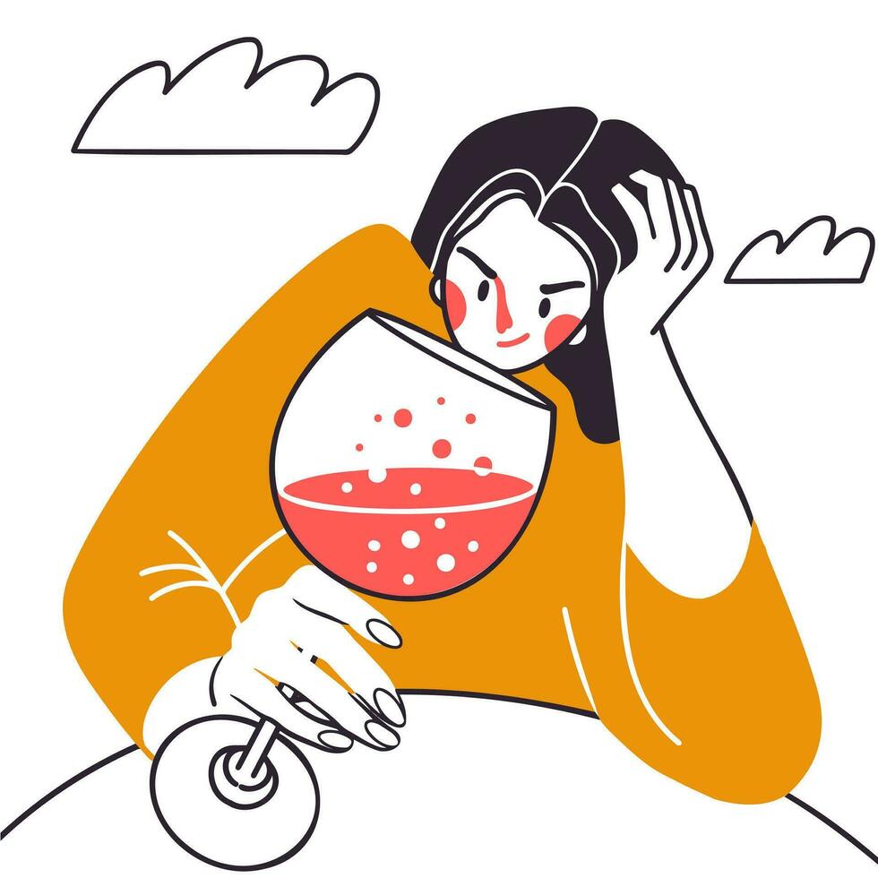 niña con un vaso de vino. el mujer a el mesa es Bebiendo un cóctel. un mujer en un bar, restaurante o pub. de colores vector ilustración en plano estilo aislado en blanco antecedentes. cóctel fiesta.