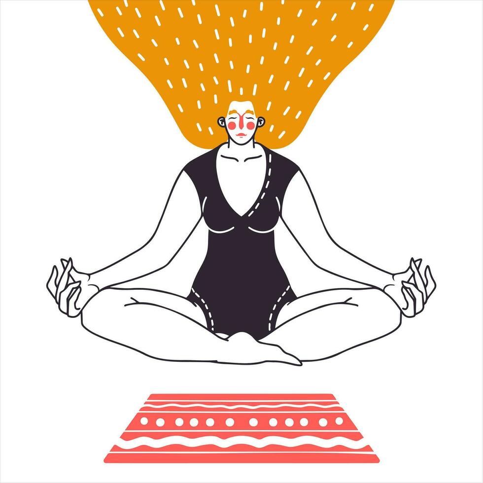 joven mujer con cerrado ojos sentado cruzar patas en piso y meditando meditación, relajación a hogar, espiritual práctica, yoga y respiración ejercicio. plano dibujos animados vistoso vector ilustración.