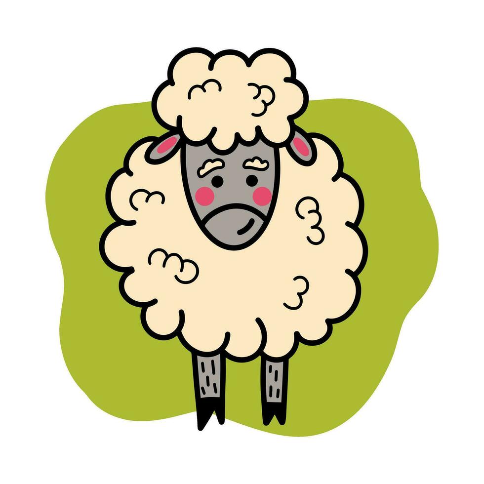 Funny sheep. Cute childish illustration with sheep on green  background. Vector hand-drawn illustration. Great for kids clothing design, posters, wrapping paper, wallpaper.