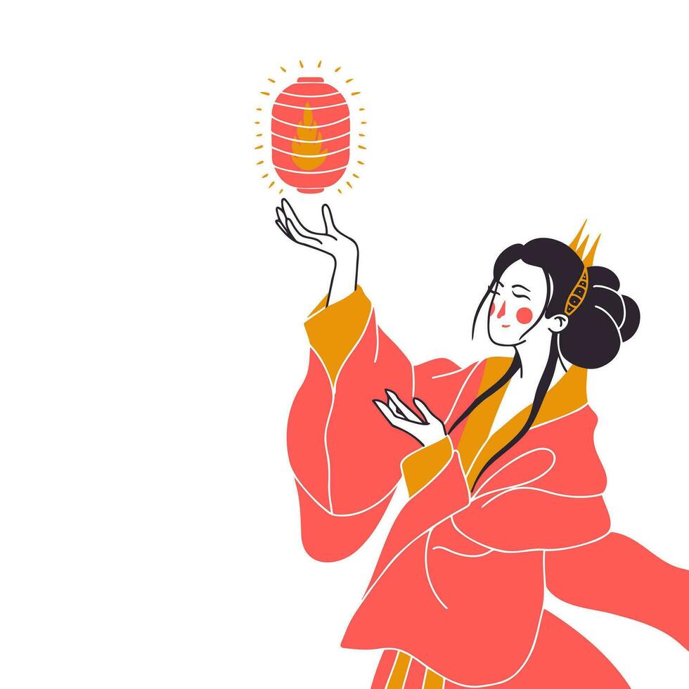 The geisha launches a paper lantern into the sky. Vector illustration in a flat style.