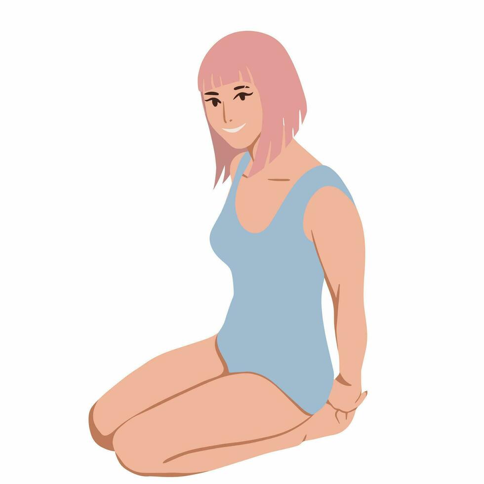 A young tanned girl with pink hair in a blue swimsuit. Colored flat vector illustration