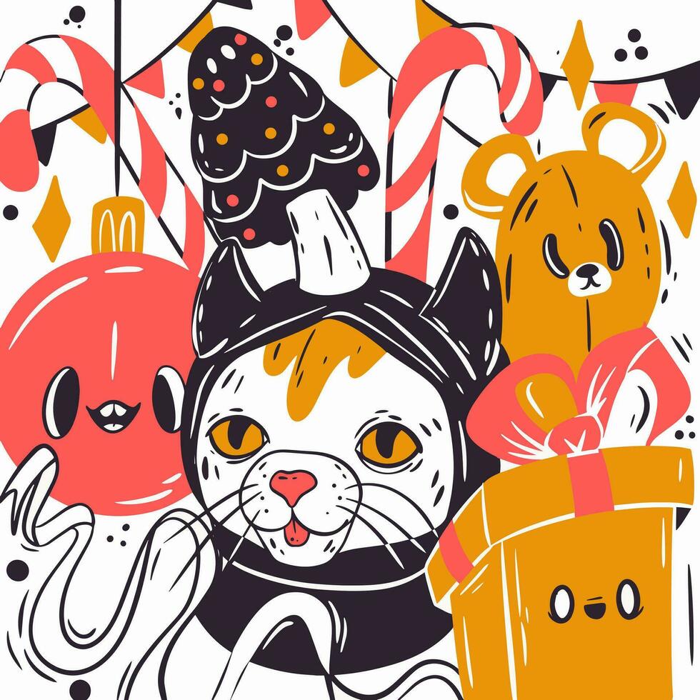 Vector illustration in flat doodle style. Cute cat, bear, flags, confetti, tree, gifts, Christmas balls