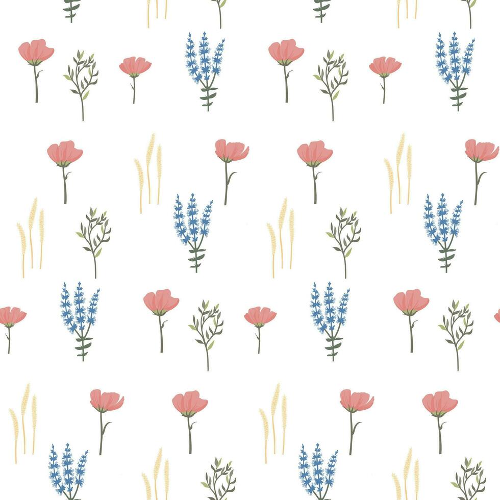 Wild flowers pattern. Seamless floral background. Repeating botanical print with spring blooms, plants and herbs for wallpaper and wrapping. Colored flat vector illustration