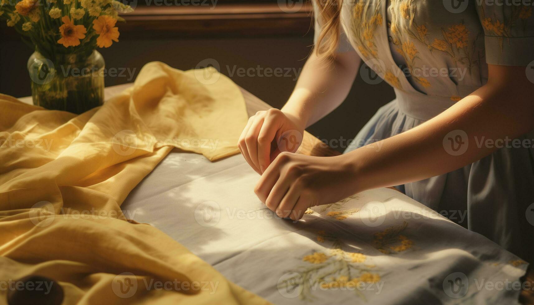 AI Generative Woman is sewing, needlewoman measuring the textile on a table. photo