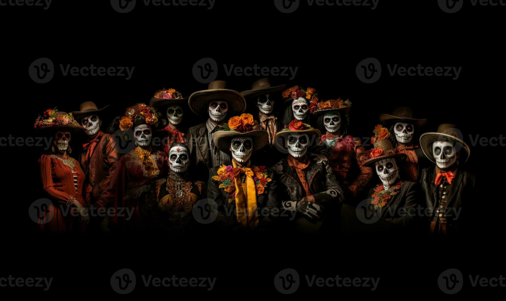 Day of the dead Mexico, AI Generative full family portrait wearing costumes. Portrait, skull, dia de los muertos. photo