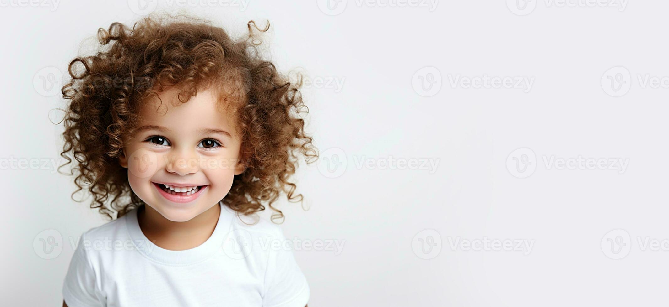 contento niño ai generativo retrato con Rizado cabello, hermosa del niño sonrisa aislado en blanco. fotorrealista foto