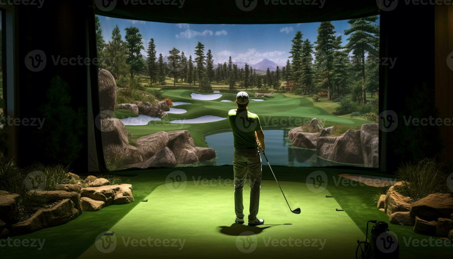 Indoor Golf Banner. AI Generative. Man Playing Golf on Simulator or Driving Range all year round. Golfer with the golf course. Golf field screen. Golf Room. photo