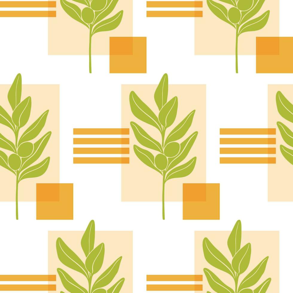 Olives leafs with geometric elements. Soft Seamless vector pattern