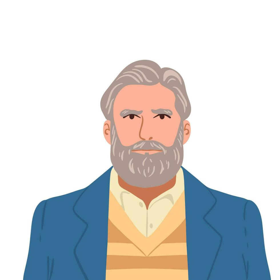 elegante mayor hermoso hombre con barba y gris pelo en chaqueta. contento personas avatares. cabeza retrato. de colores plano vector ilustración