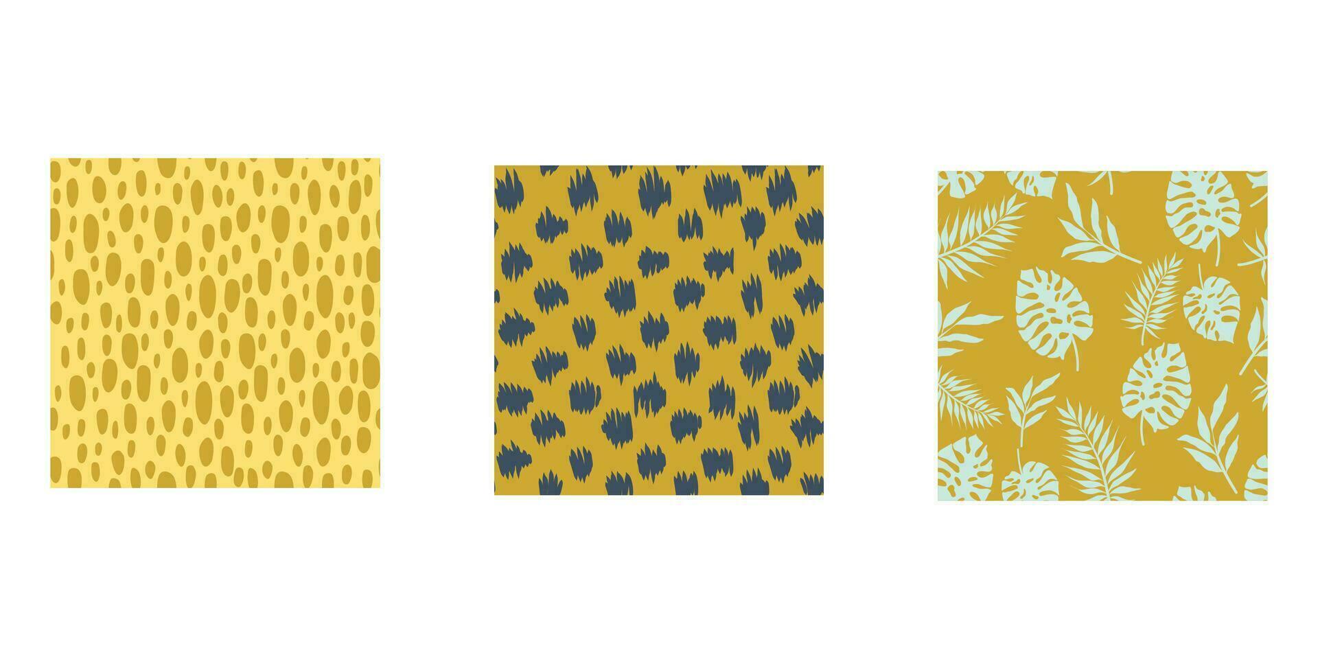 Set of hand drawn modern patterns with tropic leaves, spots, bubbles. Trendy vector seamless pattern. Minimalistic  concept. Perfect print for fabric, textile, wallpaper