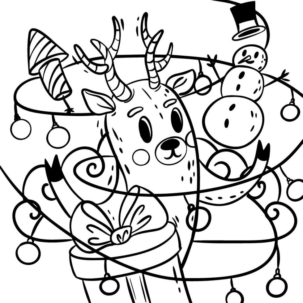 Coloring page with deer, snowman, gift, fireworks and garland in doodle style. Line hand drawn vector illustration. Line art. For children's art, clothing design, wrapping paper, wallpaper, textiles.