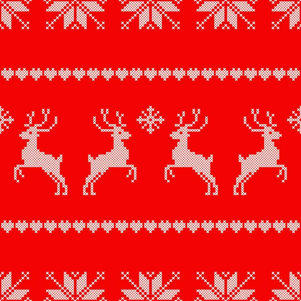 Christmas seamless pattern. Endless texture for wallpaper, web page background, brown paper, etc. Cross-stitched deer, snowflakes, stars. Jacquard pattern vector