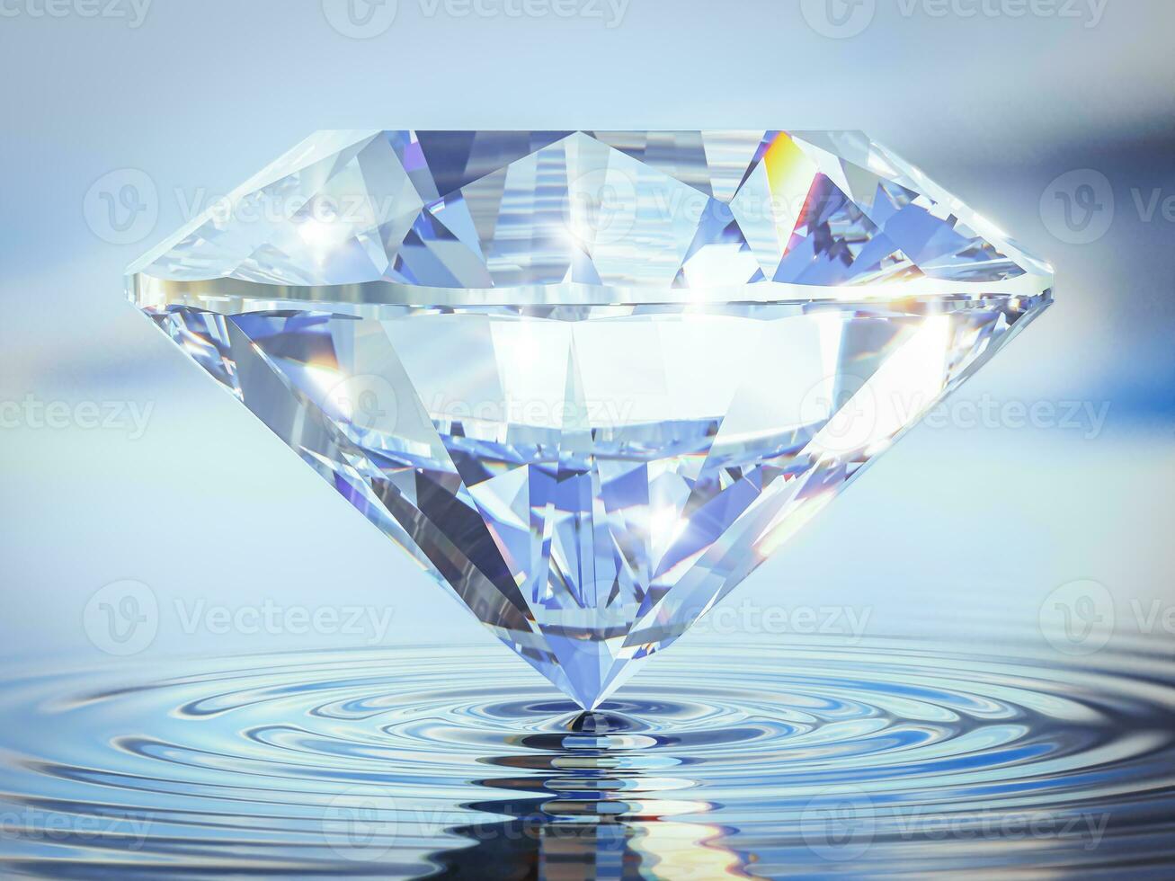 Luxury Shinning Diamond Balanced on Rippled Water Surface with Reflected Sky Background, Diamond Wallpaper, photo