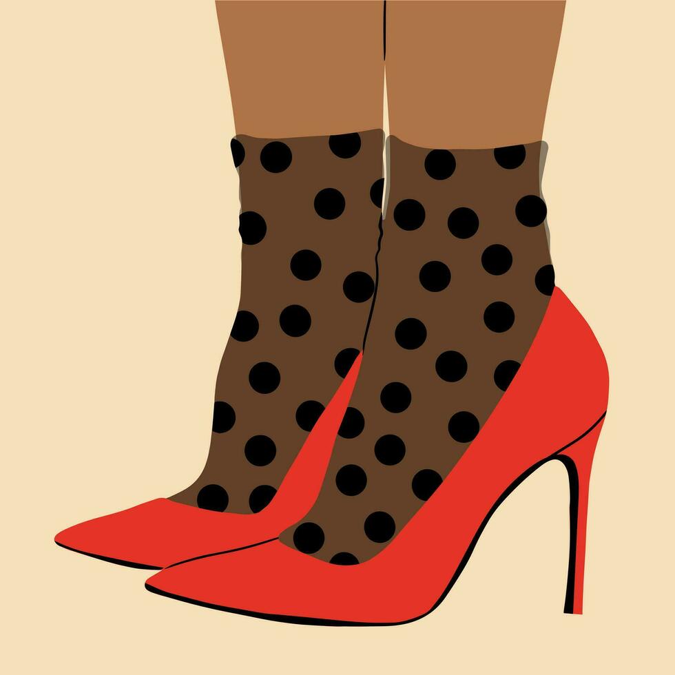 Women's legs in high-heeled shoes and funny, multi-colored, fashionable, retro socks. Vector illustration in cartoon style