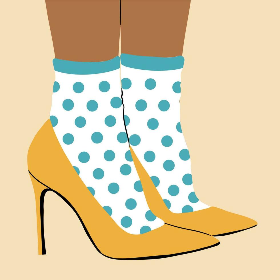 Women's legs in high-heeled shoes and funny, multi-colored, fashionable, retro socks. Vector illustration in cartoon style