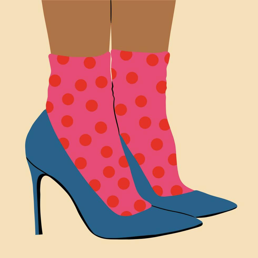 De las mujeres piernas en tacones altos Zapatos y divertido, multicolor, de moda, retro medias. vector ilustración en dibujos animados estilo