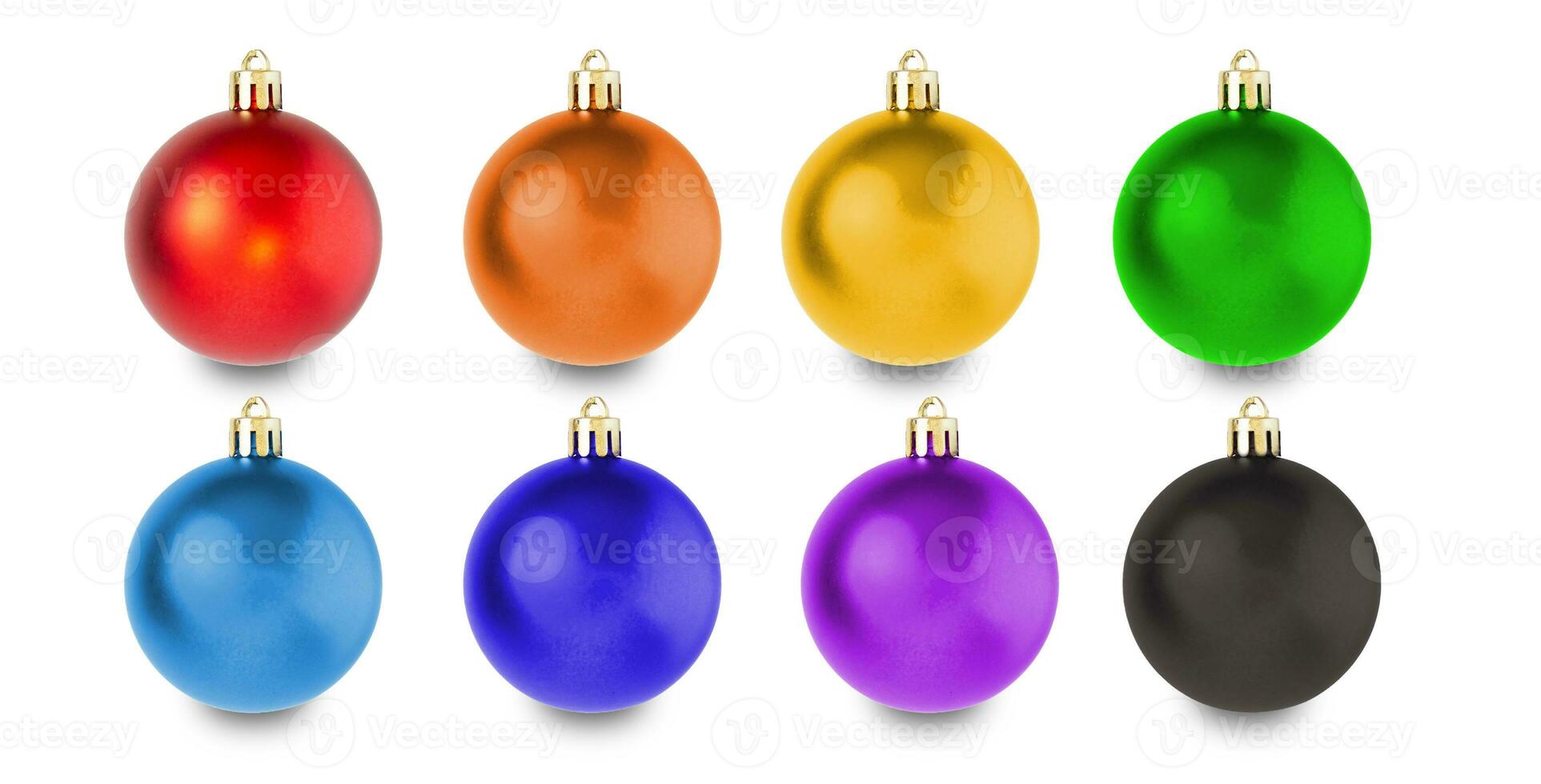 Many hanging multicolored Christmas balls isolated on white background. photo