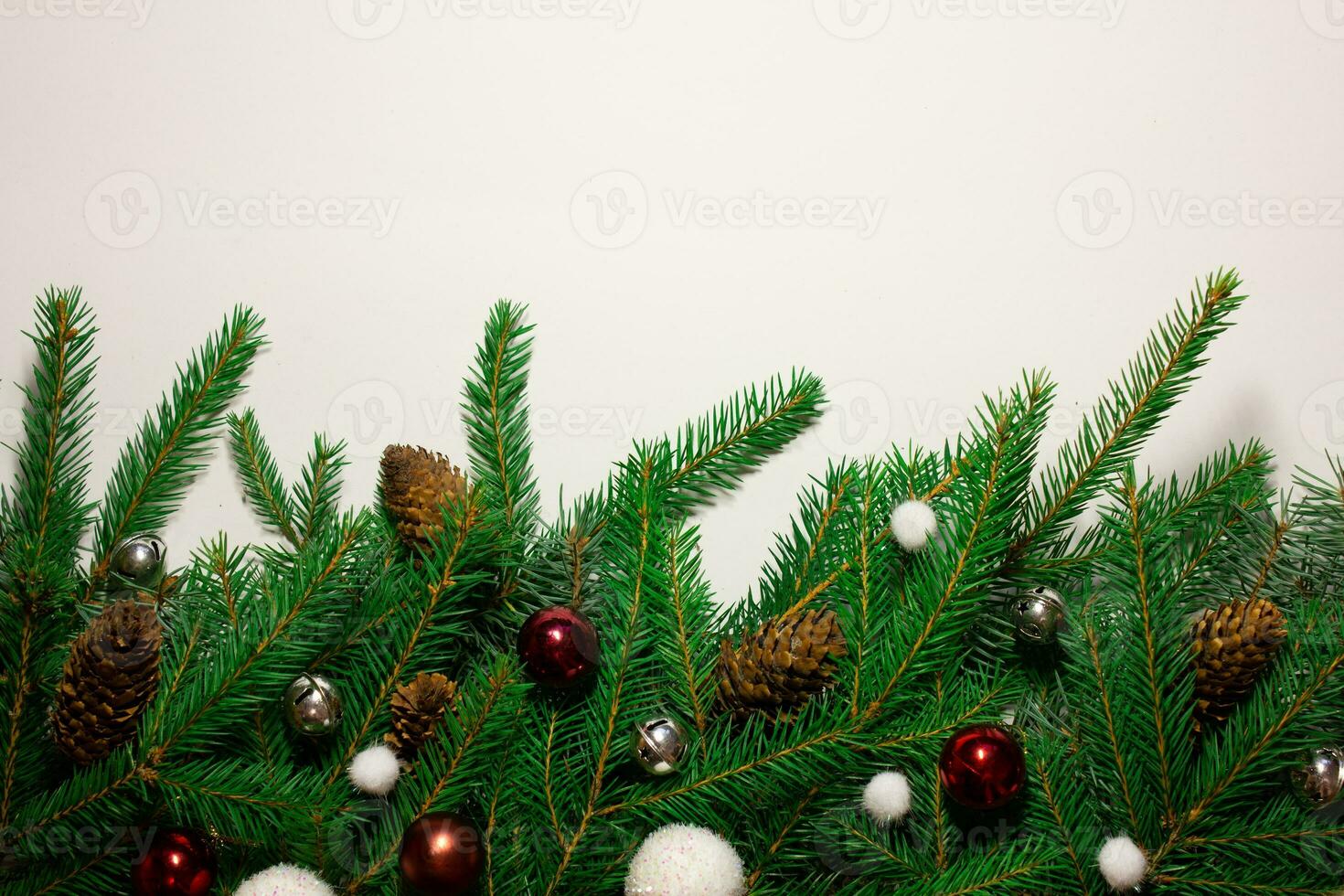 Creative New Year's border from Christmas tree branches. Place for text. Christmas background in retro style. New Year and Christmas card. Nature new year concept. Copy space photo