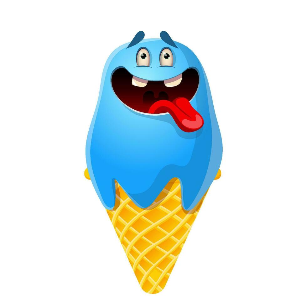 Cartoon ice cream with cute face. Design for print, sticker, party decoration, logo, emblem, magazine prints or journal article, t-shirt design, poster. Vector illustration