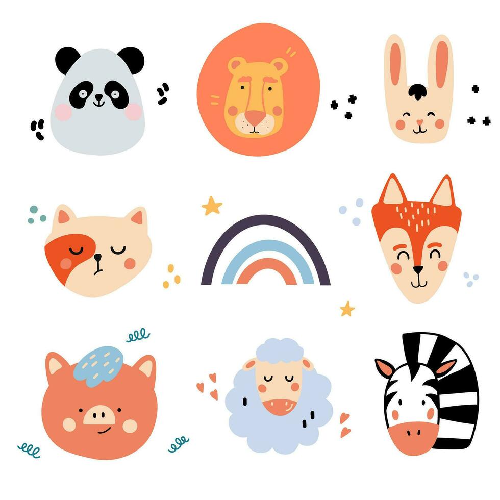 Set of cute animals. Vector hand-drawn illustration. Great for kids clothing design, posters, wrapping paper, wallpaper, avatars.