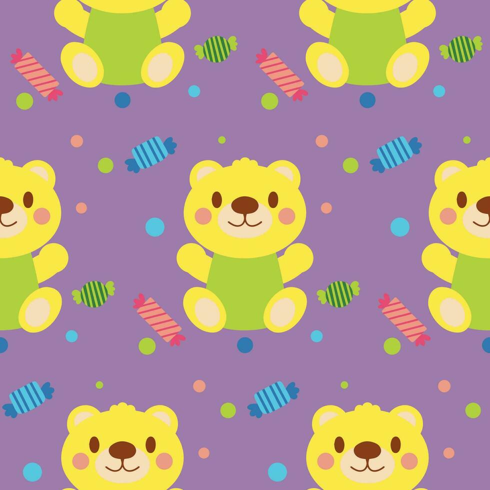 Baby seamless vector pattern. Cute, colored cartoon bears on purple background. Kids pictures for fabric, textile, clothing, wrapping paper, wallpaper. Vector illustration in trendy colors.