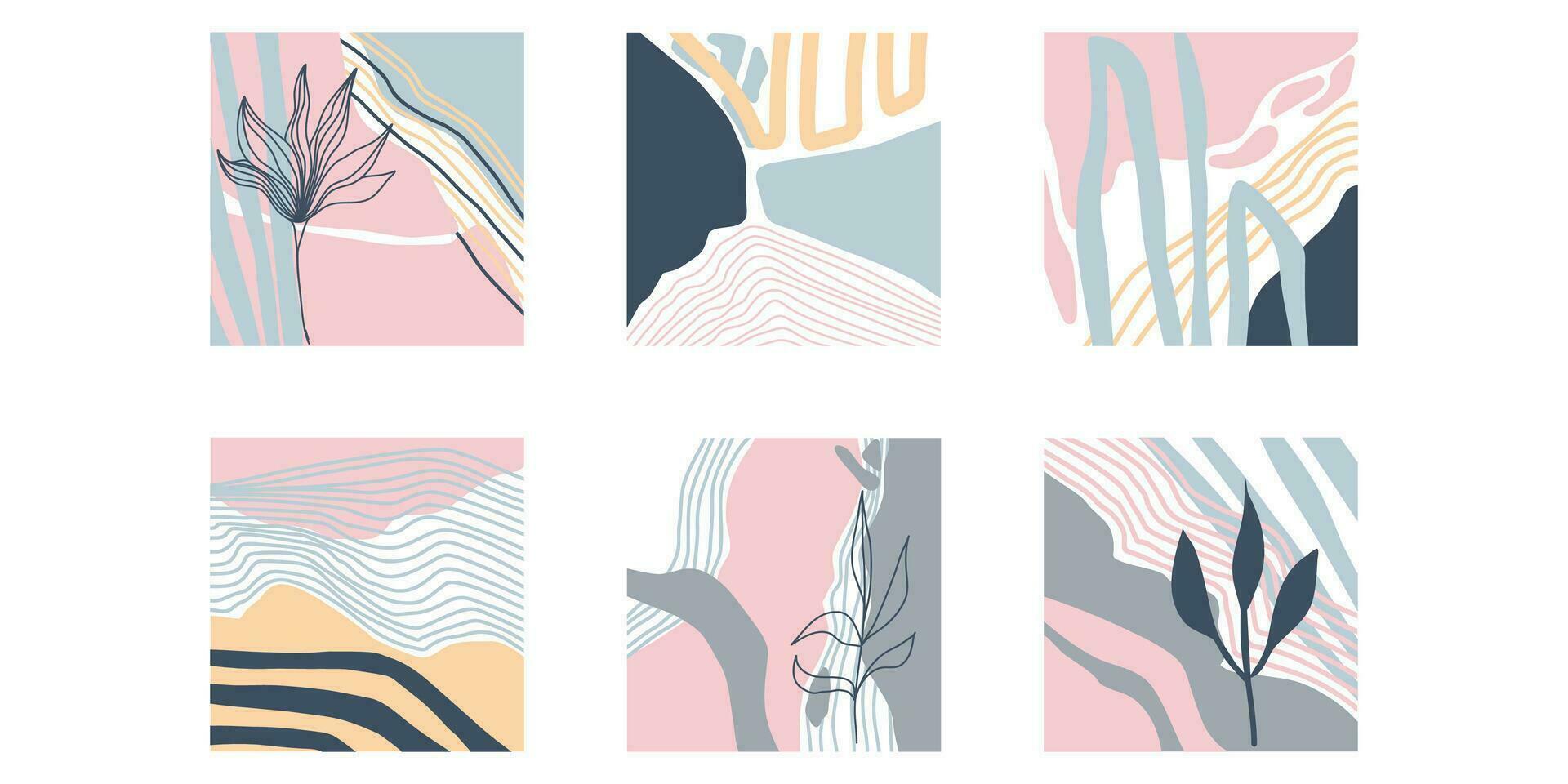 Big Set of Abstract backgrounds. Hand drawn doodle various shapes, lines, spots, drops, curves. Contemporary modern trendy Vector illustrations. Every background is isolated. Patterns, Wallpapers