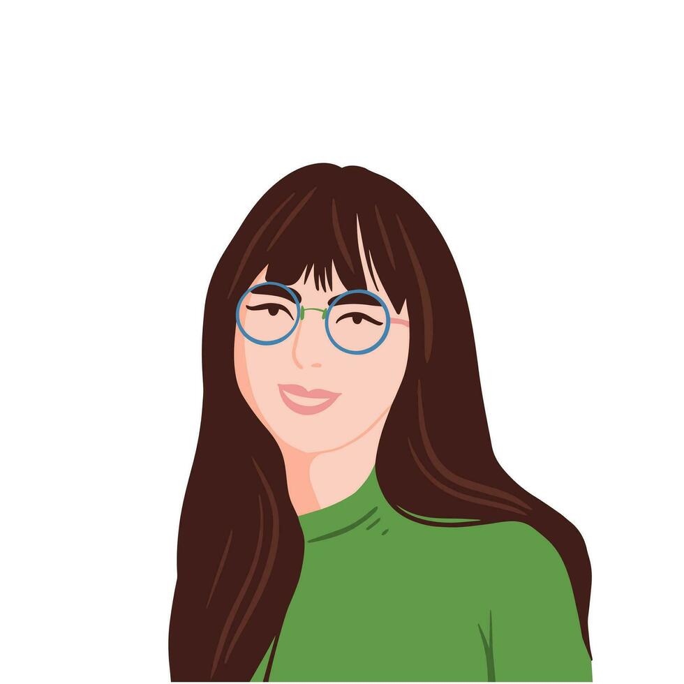 A young  Asiatic girl with glasses with long dark brown hair in a green sweater. Happy people avatars. Head portrait. Colored flat vector illustration