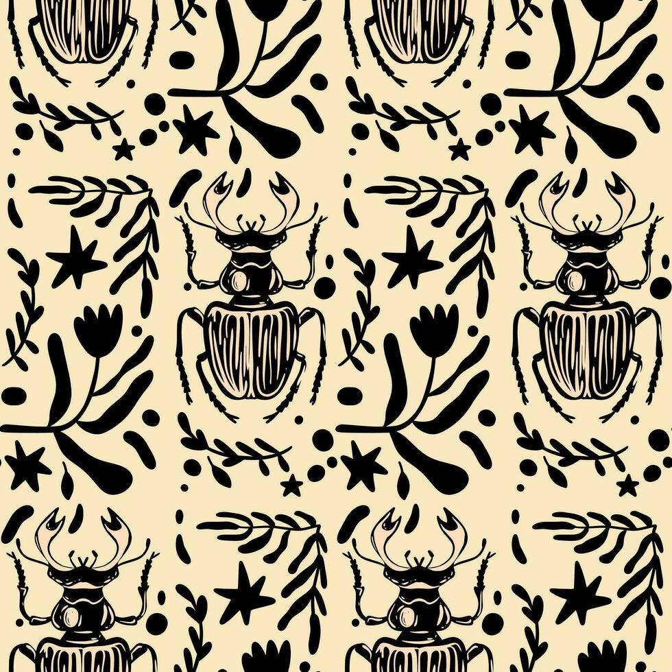 Seamless vector pattern with hand drawn beetles and flowers elements. Editable hand drawn Vector illustration. Perfect pictures for fabric, textile, clothing, wrapping paper, wallpaper