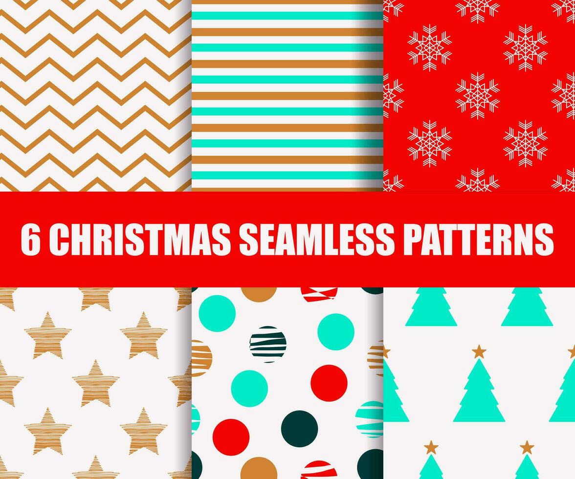 Six Christmas different seamless patterns. Endless texture for wallpaper, web page background, brown paper, etc. Flat style. Polka dots, zigzag, stars, tree and stripes. vector
