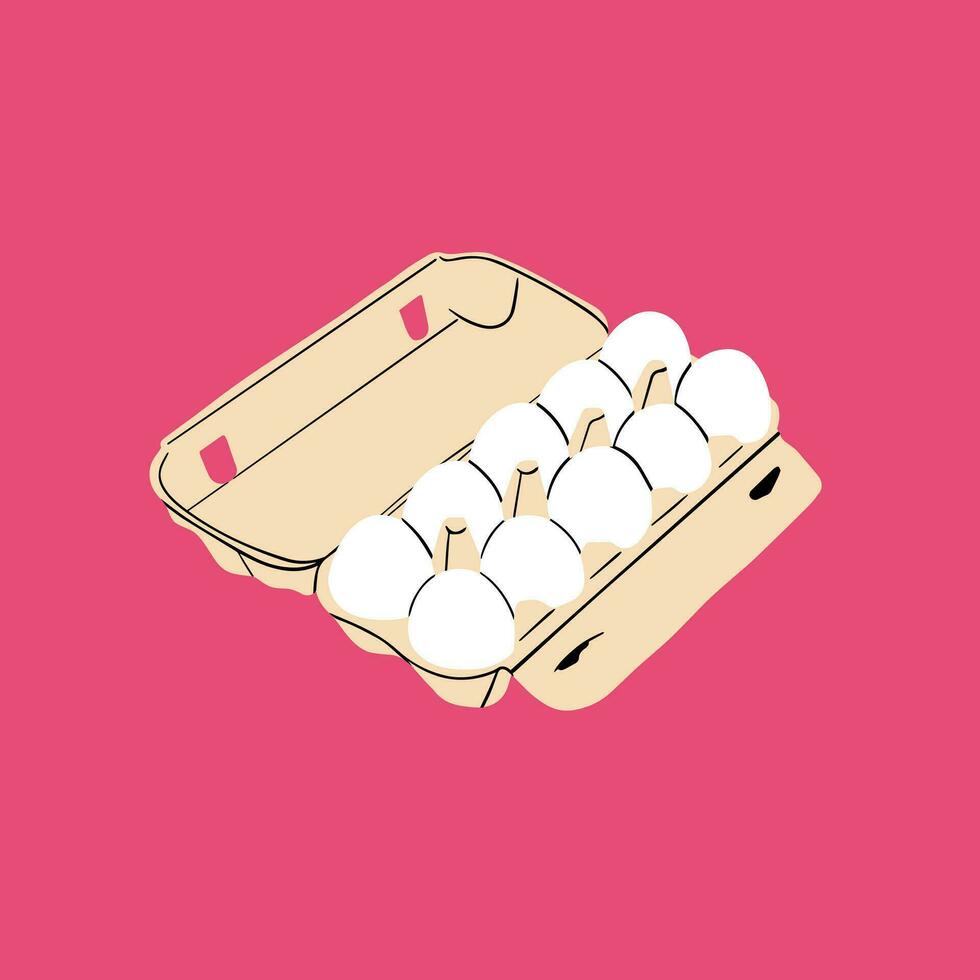 Chicken Eggs in carton boxes. Eggs with shell. Ester, breakfast, organic farm food concept. Hand drawn Vector illustration.