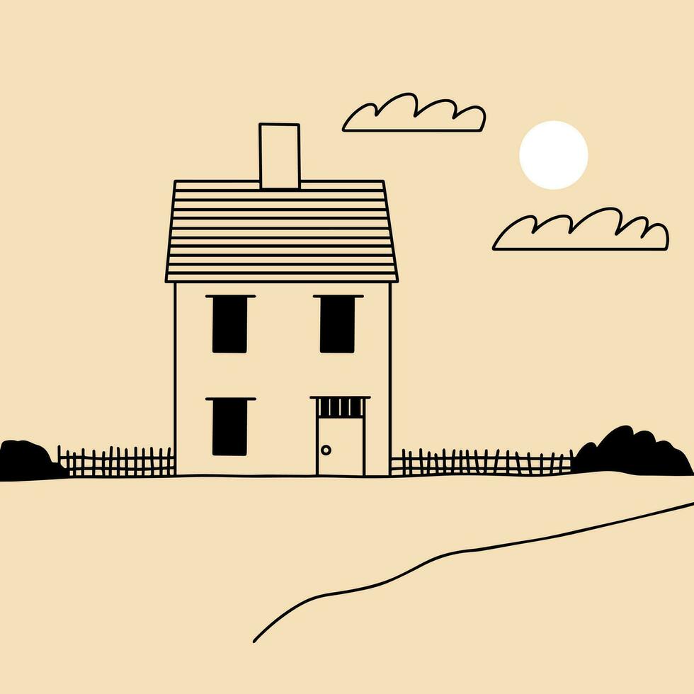 Landscape. Ranch, house in the mountain, farm, meadow, house, tree, road, mountain. Hand drawn vector illustration. Minimalistic panoramic study of the countryside. Icon, logo, print, poster templates