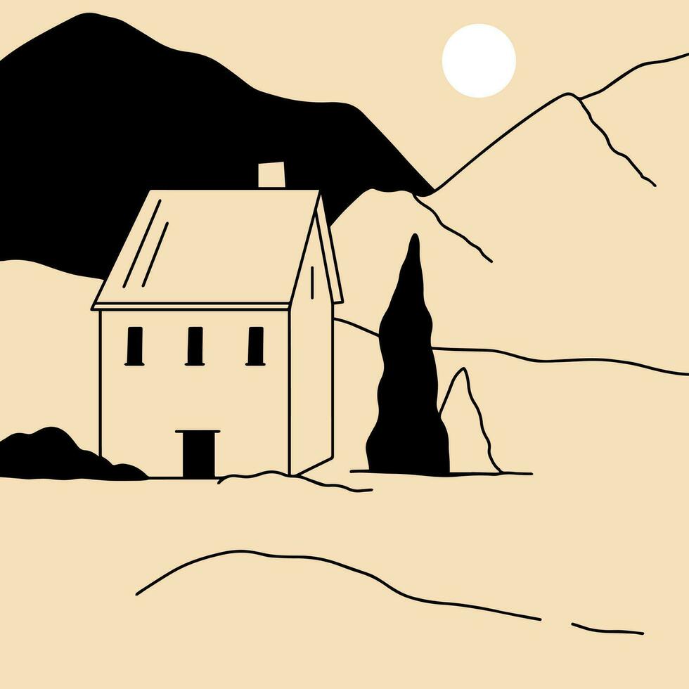 paisaje. rancho, casa en el montaña, granja, prado, casa, árbol, camino, montaña. mano dibujado vector ilustración. minimalista panorámico estudiar de el campo. icono, logo, imprimir, póster plantillas